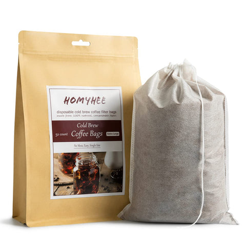 HOMYHEE filter bag filled with coffee grounds for cold brew concentrate.