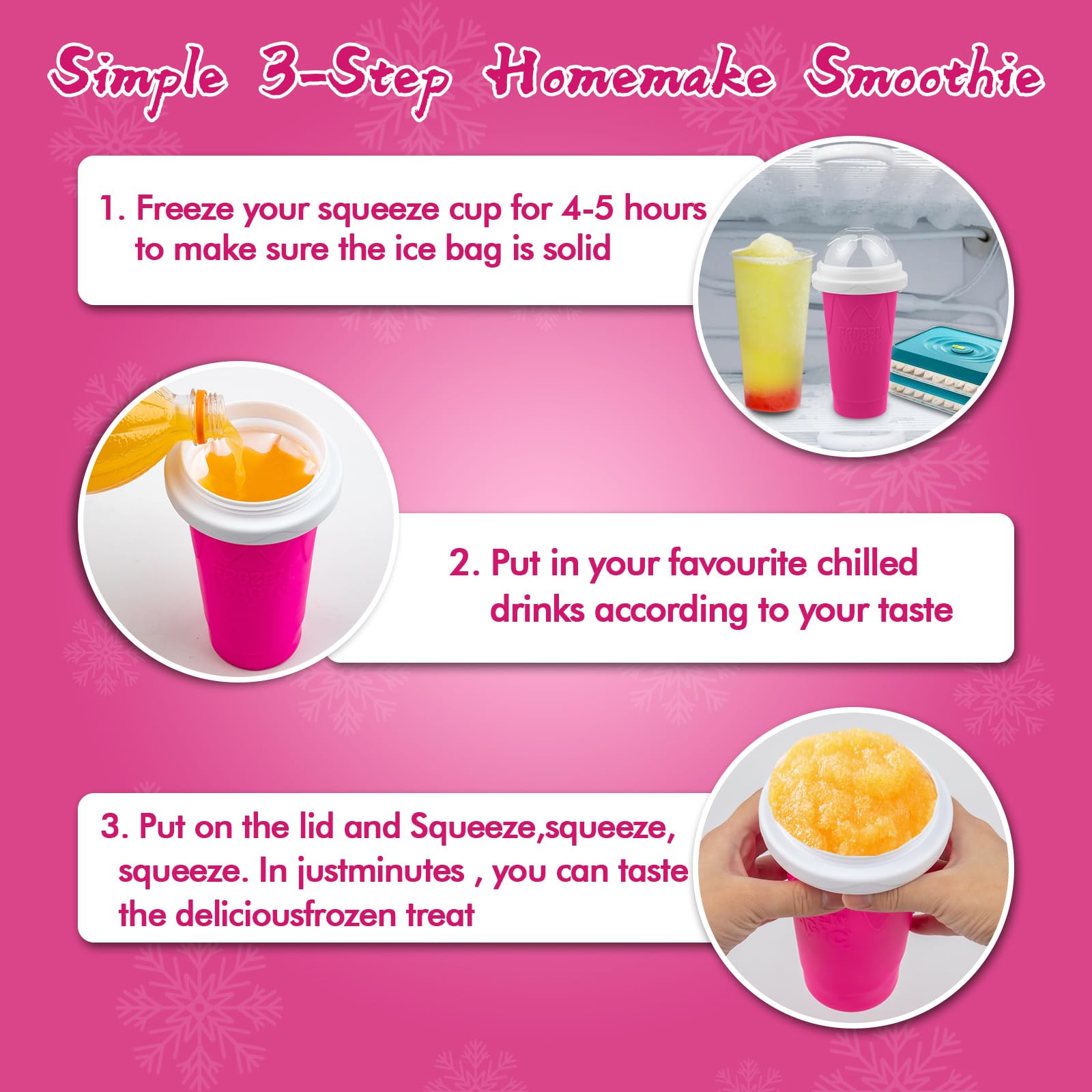 Honbuty Slushie Maker Cup Pink, in-use squeeze action for semi-frozen texture.