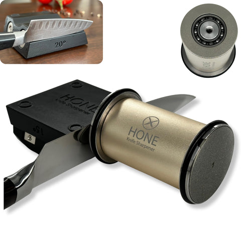 HONE Knife Sharpener rolling base view; smooth operation for stable sharpening