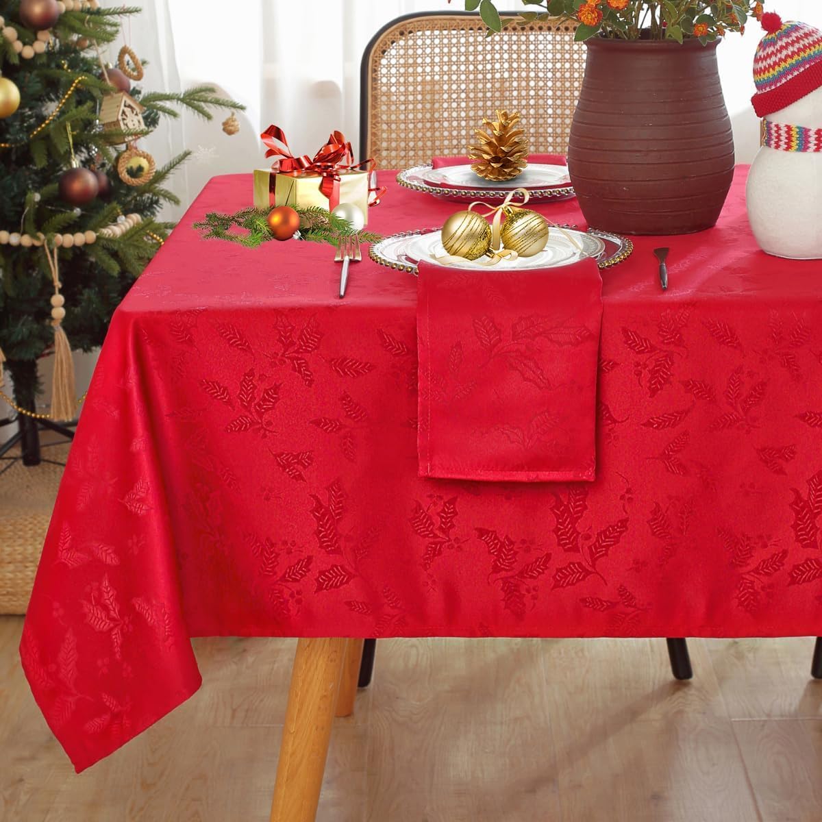 Honellaty 60x84 inch red jacquard tablecloth fits medium to large tables