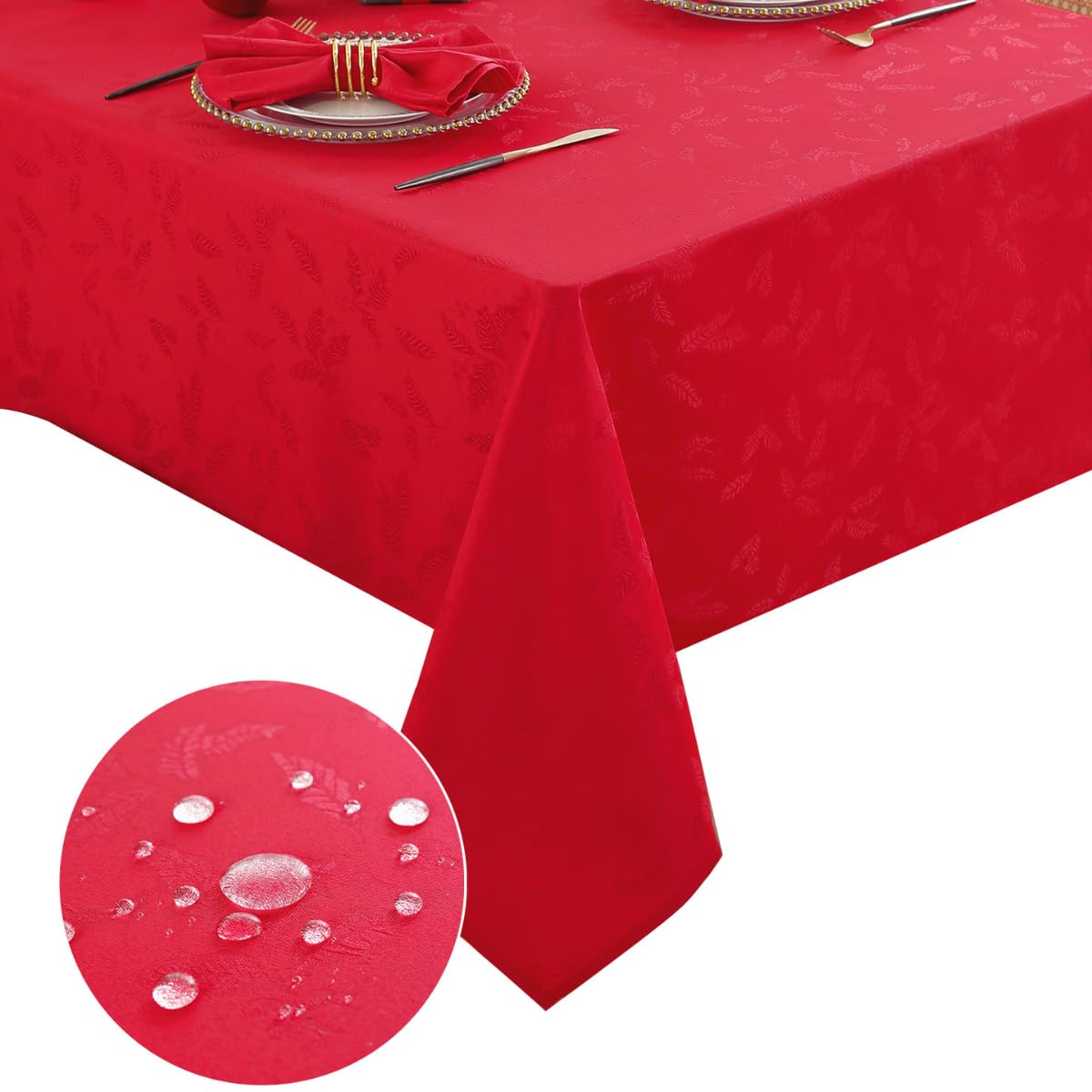 Honellaty red damask tablecloth enhances holiday table settings.