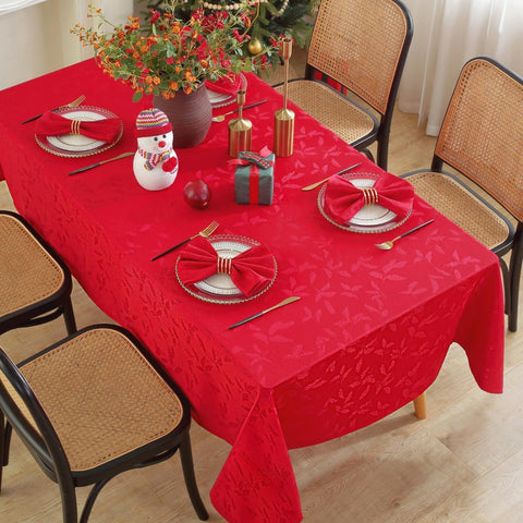 Honellaty spill-proof damask tablecloth keeps surfaces clean during gatherings