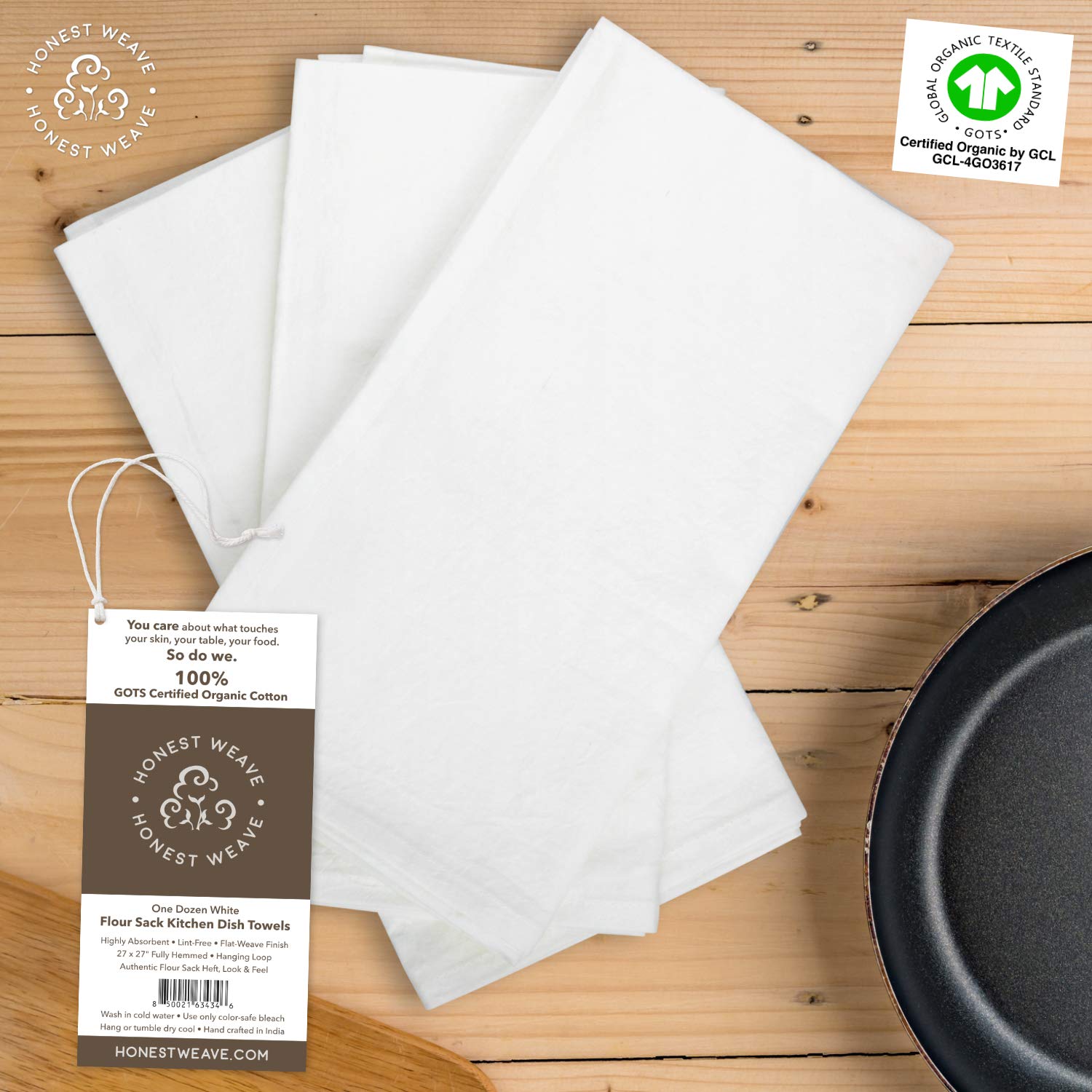 HONEST WEAVE flour sack towel showing mitered corners for a polished look