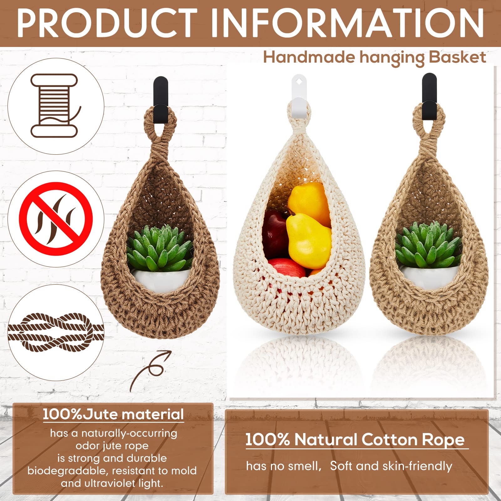 Honeydak boho wall baskets with hooks set for easy hanging and reach.