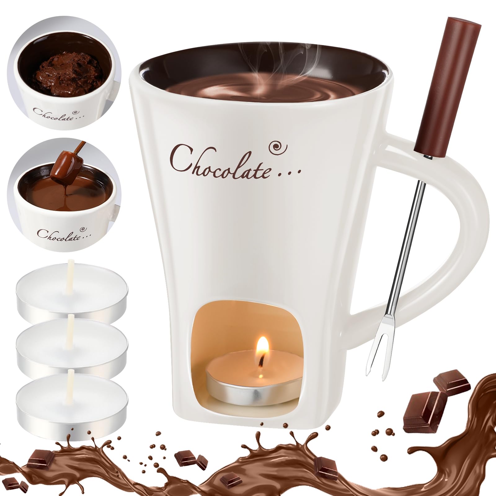 Honeydak chocolate fondue mug with fork for dipping fruit and treats
