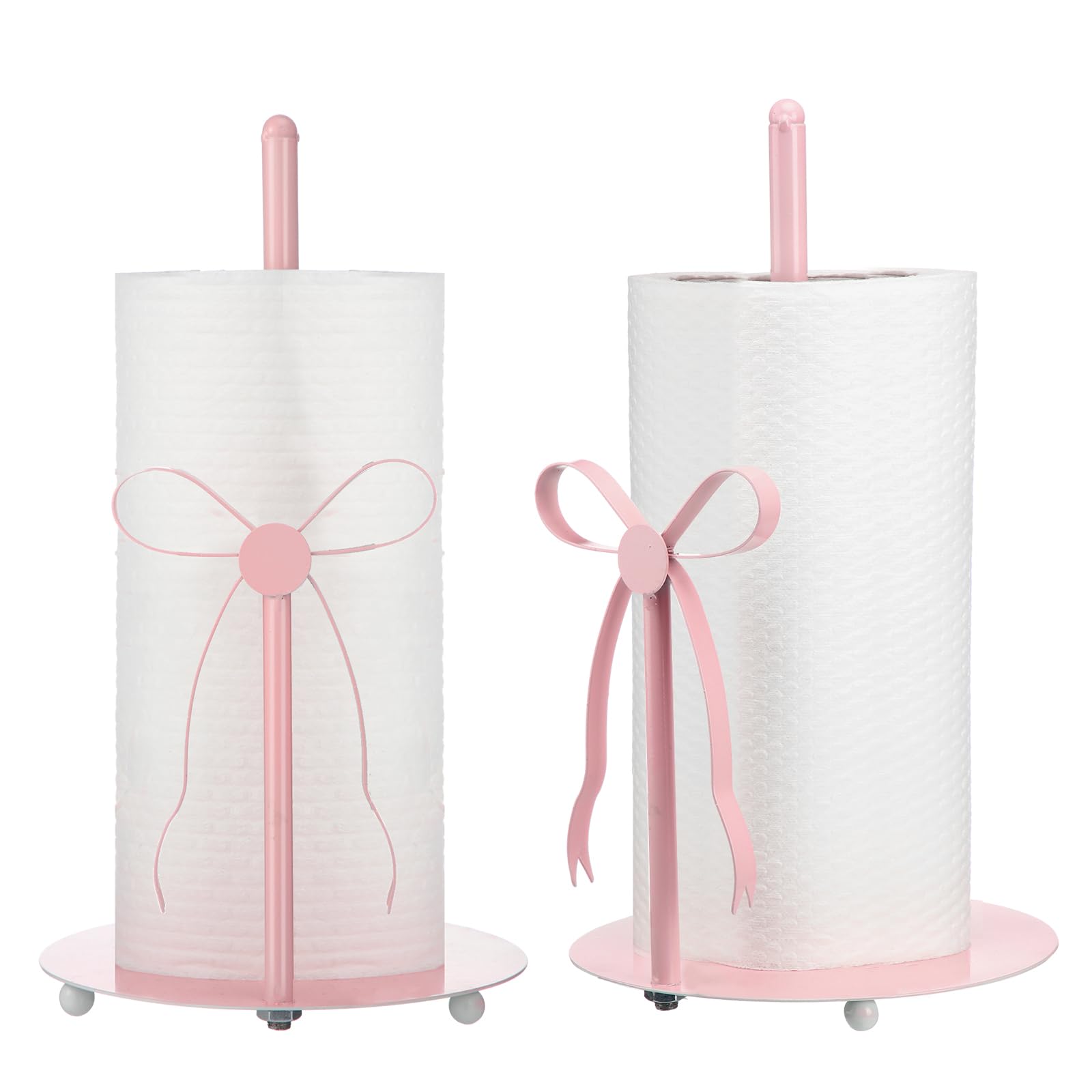 Honeydak pink bow paper towel holder base emphasizes sturdy metal construction for stable counter use.