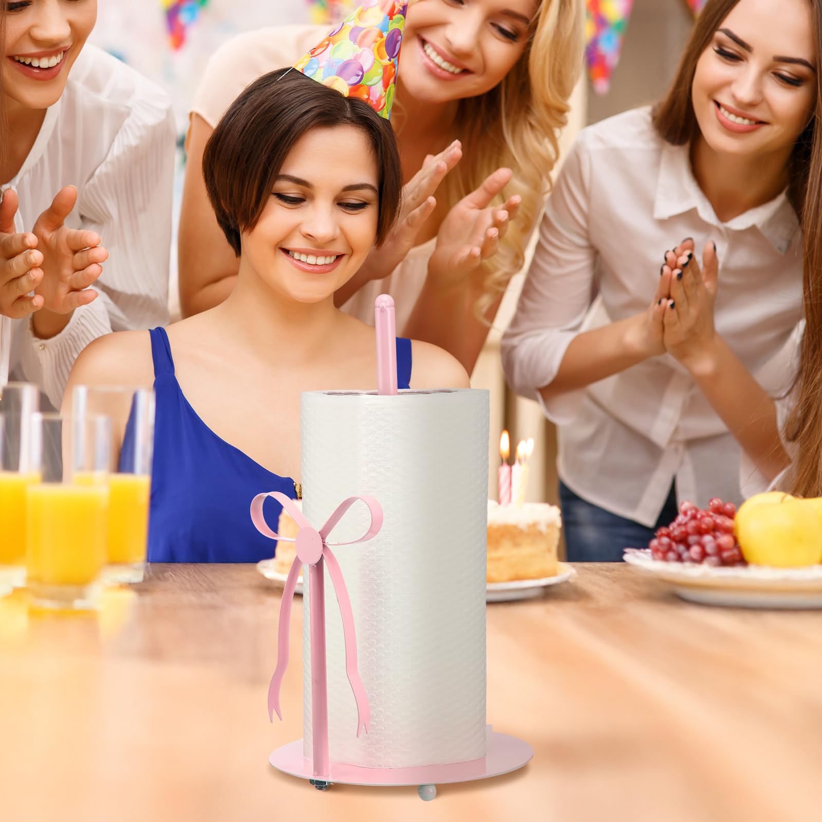 Honeydak pink bow paper towel holder for outdoor dining and picnics.