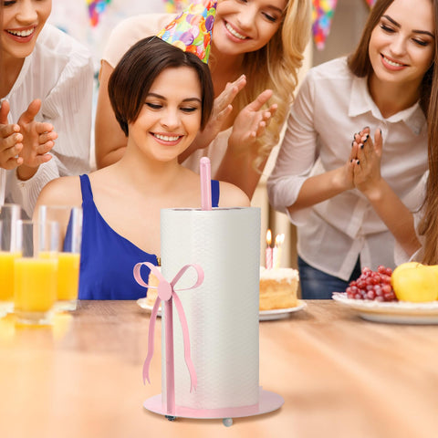 Honeydak pink bow paper towel holder for outdoor dining and picnics.