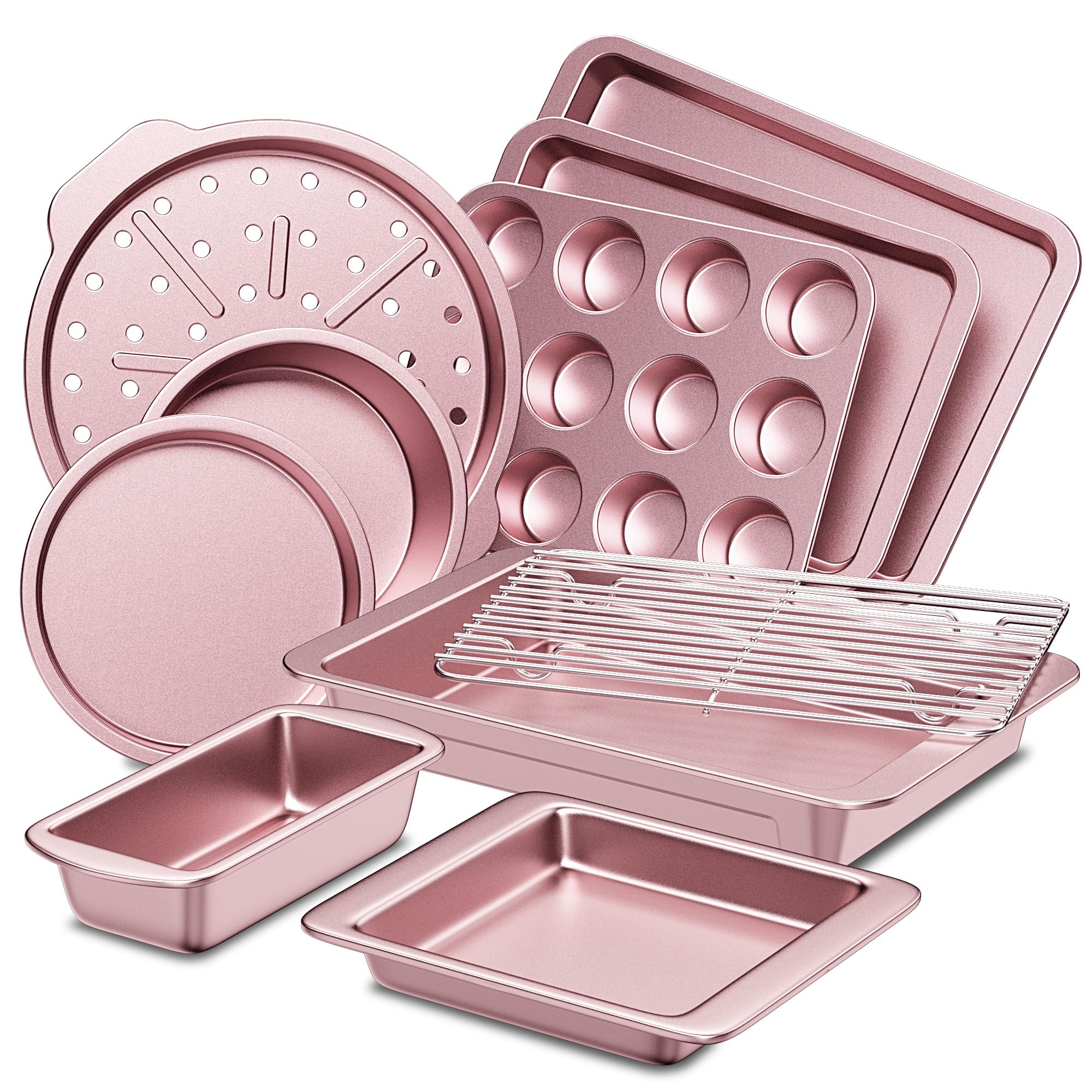 HONGBAKE 10-piece bakeware set shown together for versatile, all-in-one baking
