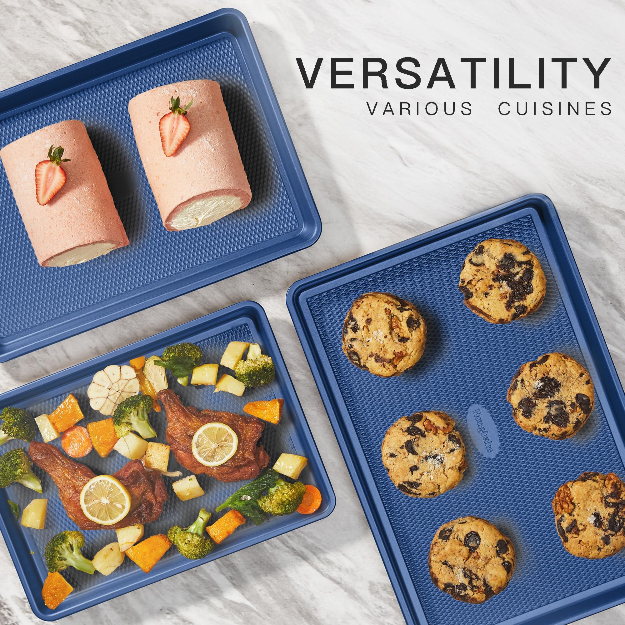 HONGBAKE 13x9 inch cookie sheet in dark blue suitable for cookies and pastries.