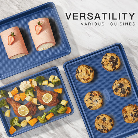 HONGBAKE 13x9 inch cookie sheet in dark blue suitable for cookies and pastries.