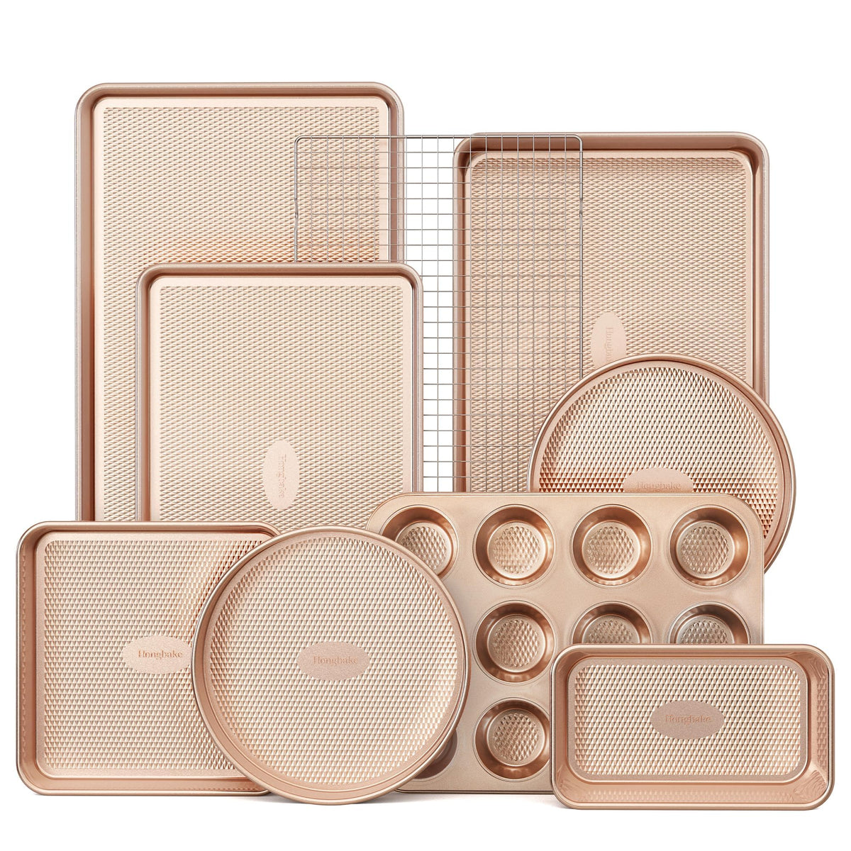 HONGBAKE diamond-texture baking pans set for even heat distribution and stylish kitchen decor.