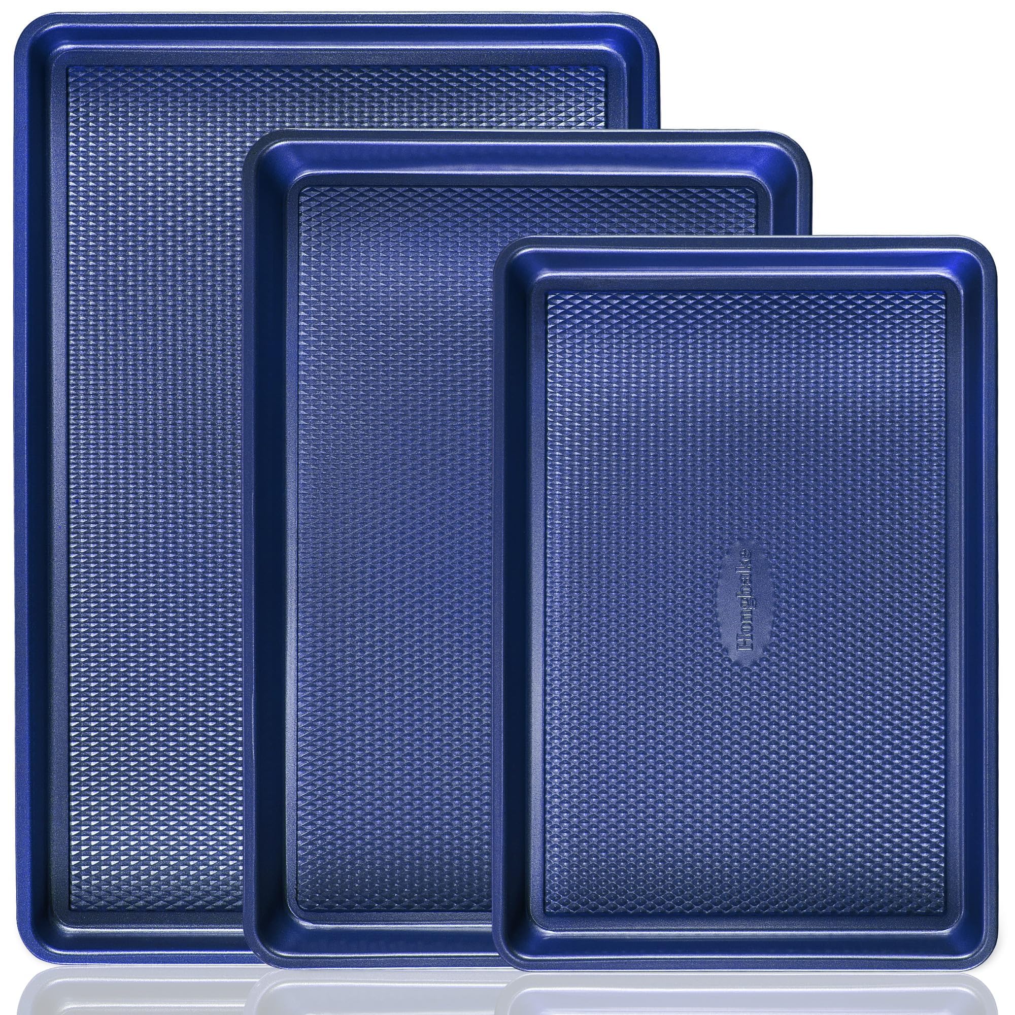 HONGBAKE diamond texture dark blue baking sheet for even heat and easy release.