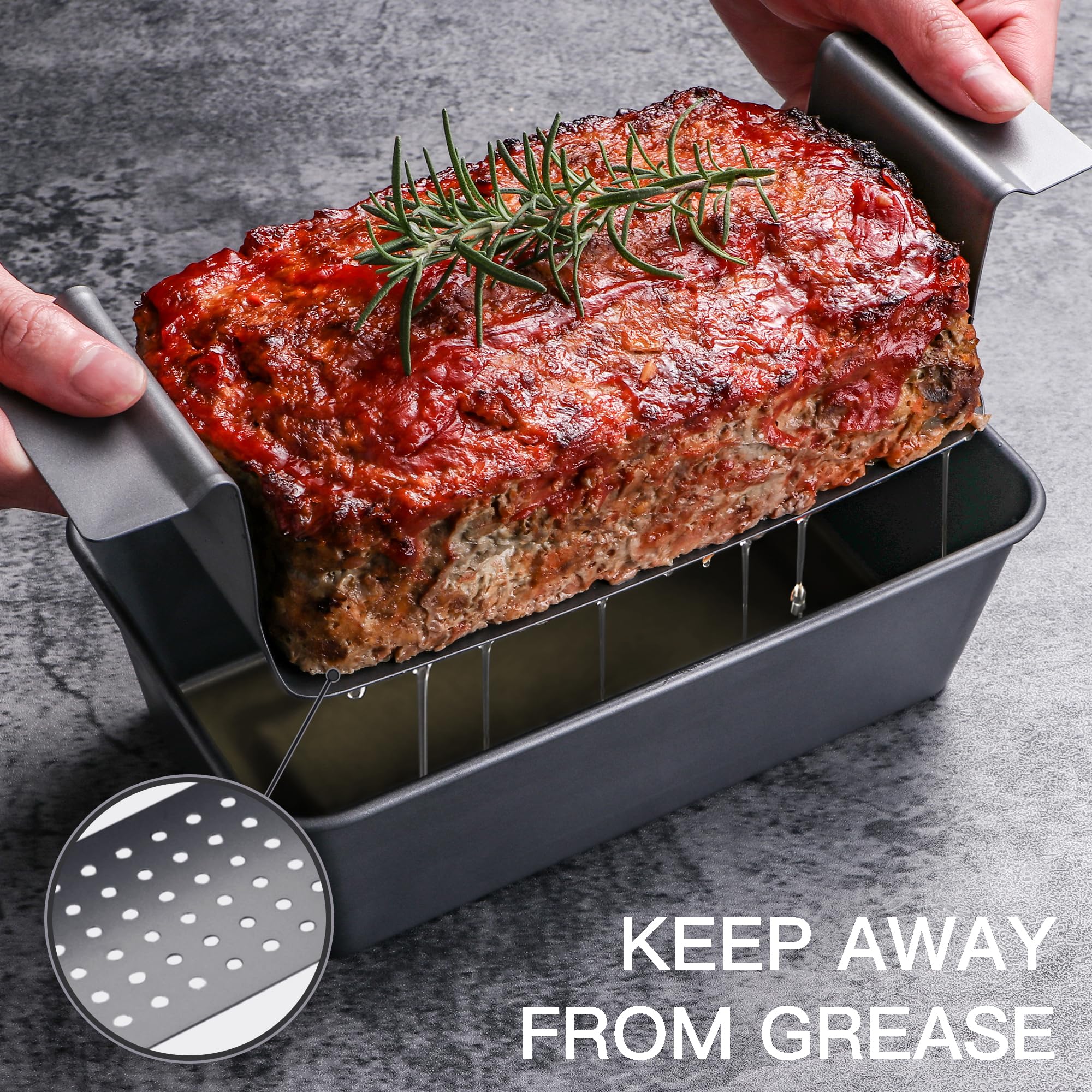 HONGBAKE perforated baking rack promotes fat drainage while keeping loaf intact and juicy.