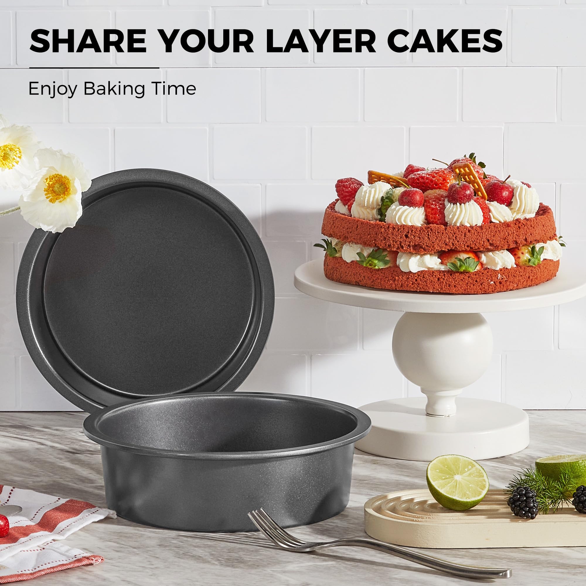 HONGBAKE round cake pan 8inch with wide grips for easy handling