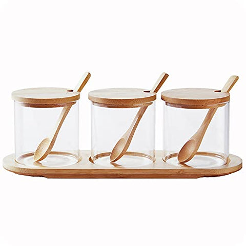 HONGCHU 3-pack condiment pots with bamboo spoons and lids for organized kitchen storage.