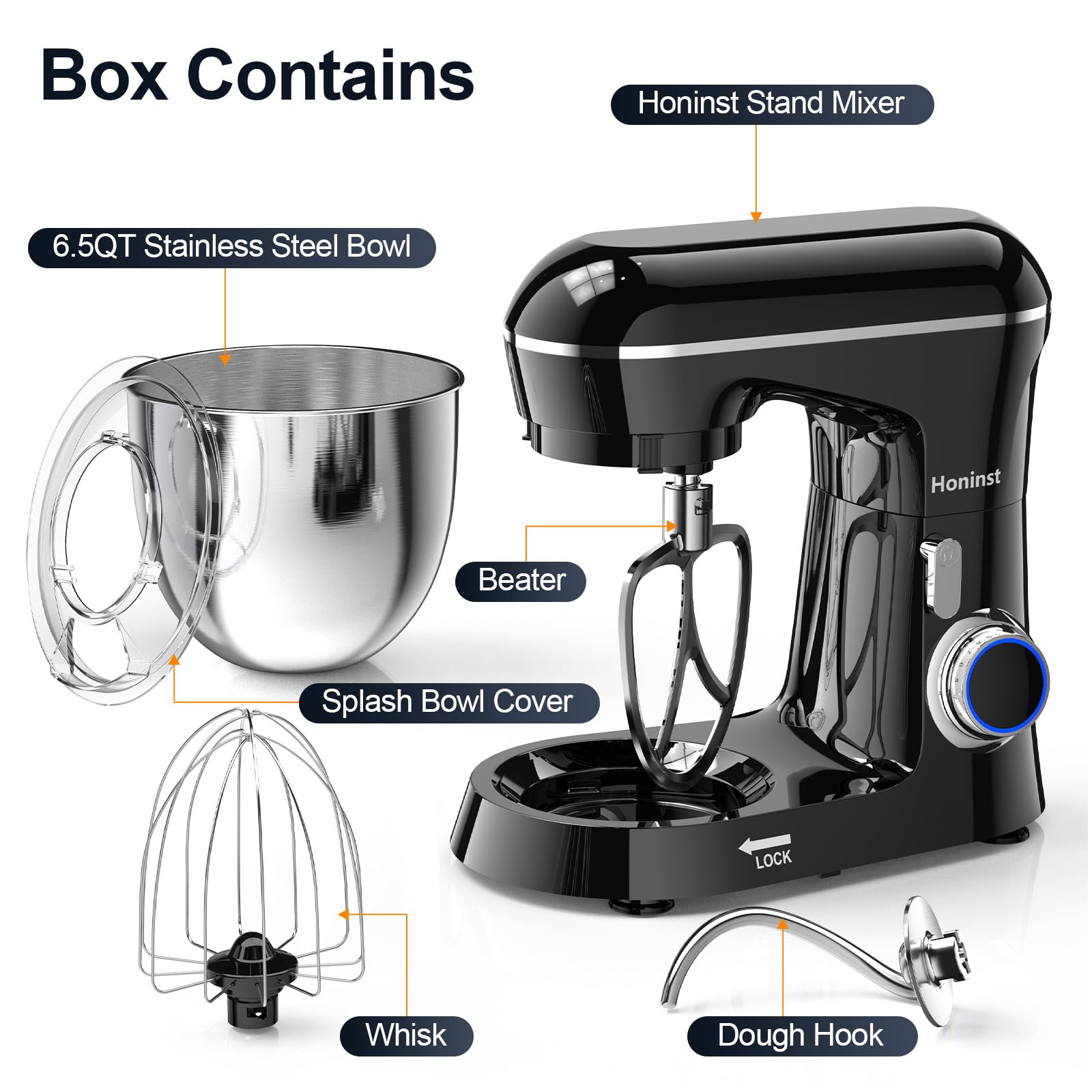 Honinst stand mixer with 6.5-quart bowl for large dough and batter batches.