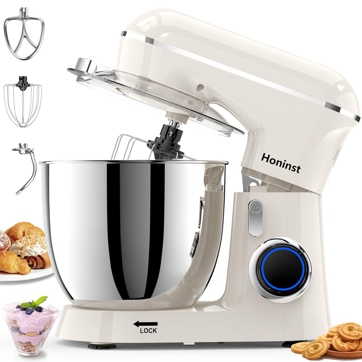 Honinst stand mixer in action with large 6.5qt bowl for large-batch baking.