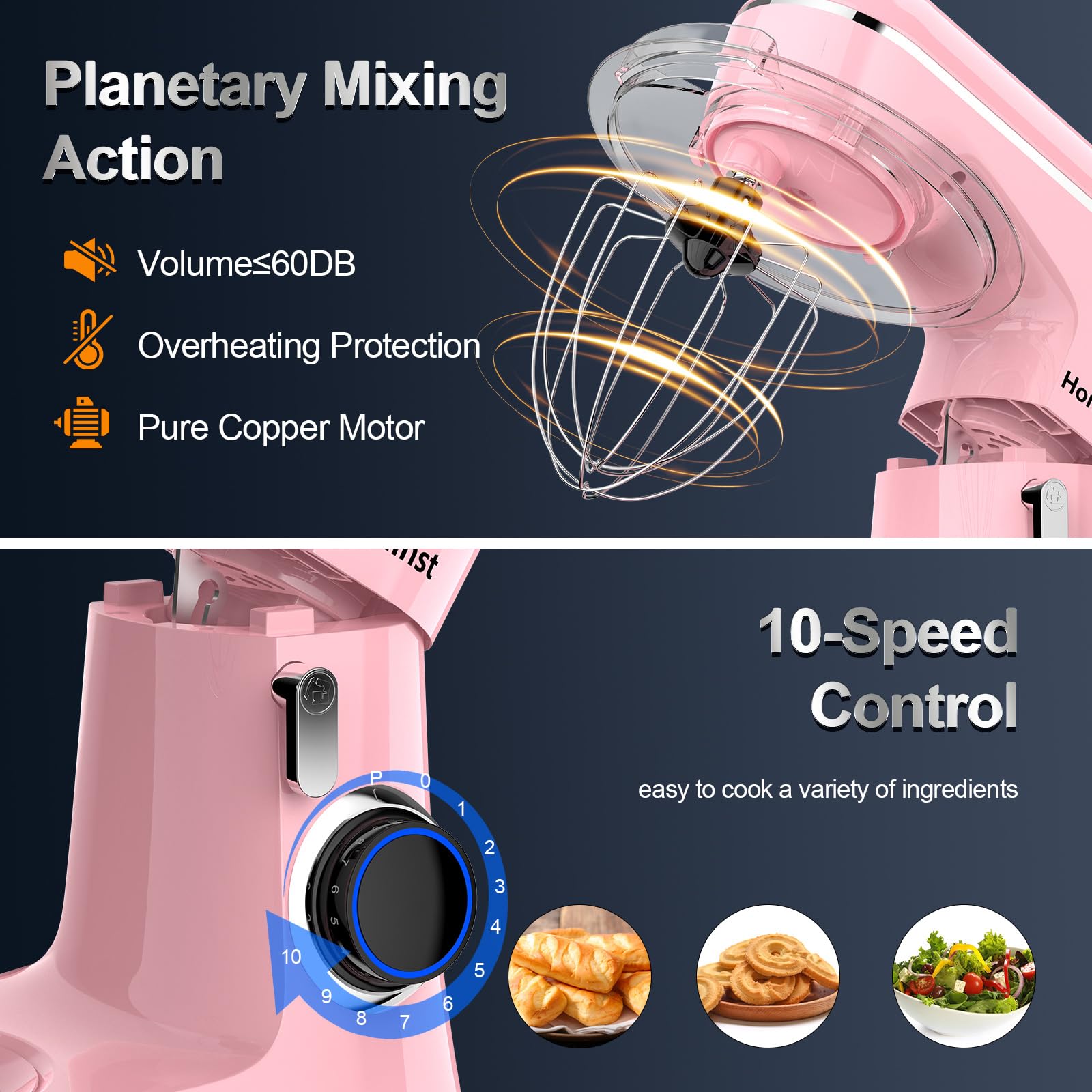 Honinst mixer attachments: dough hook, whisk, and beater for versatile prep.
