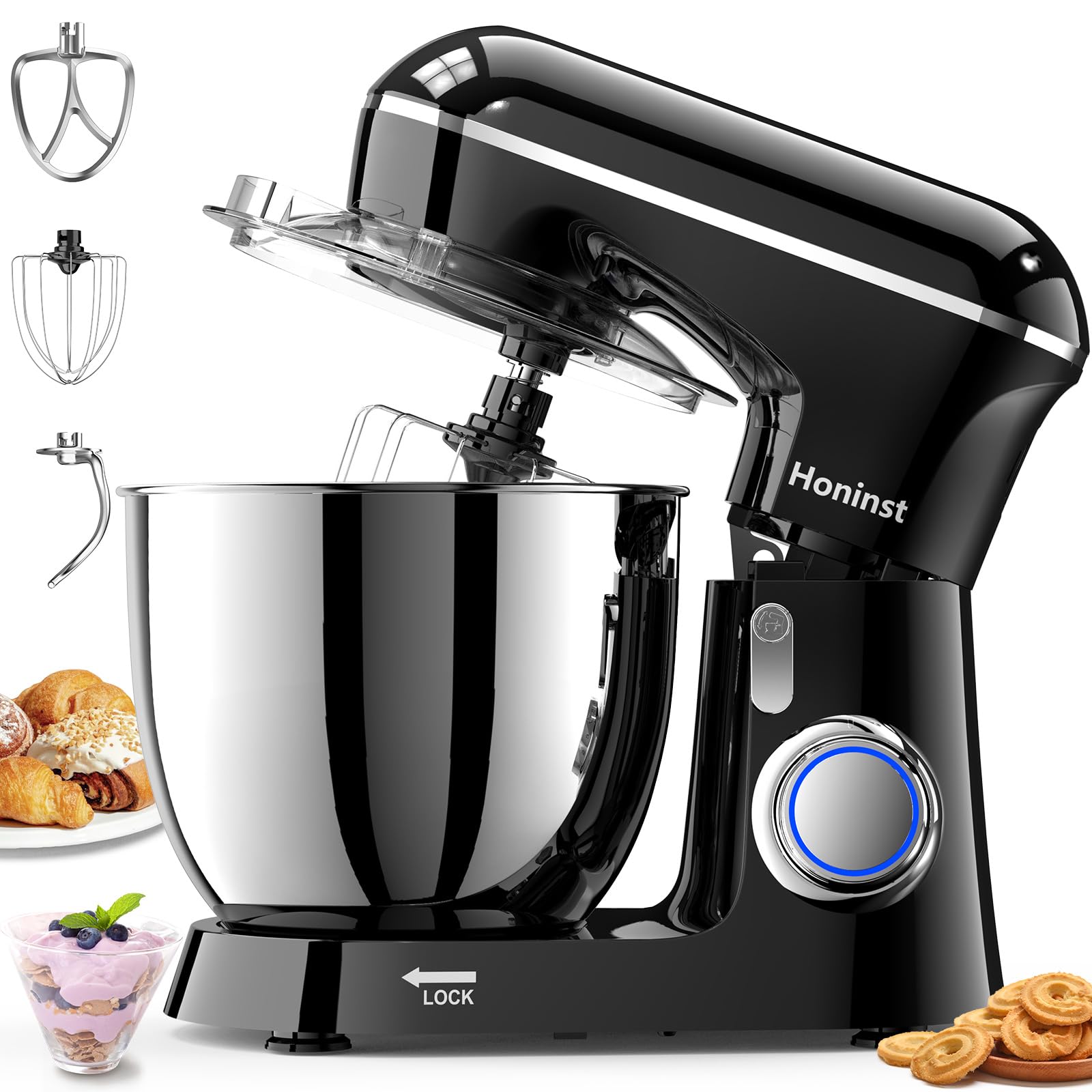 Honinst tilt-head stand mixer enabling easy ingredient addition during prep.