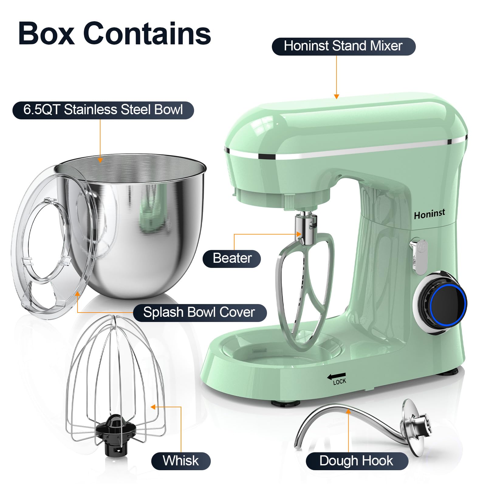 Honinst stand mixer tilt-head demonstrates easy ingredient addition.