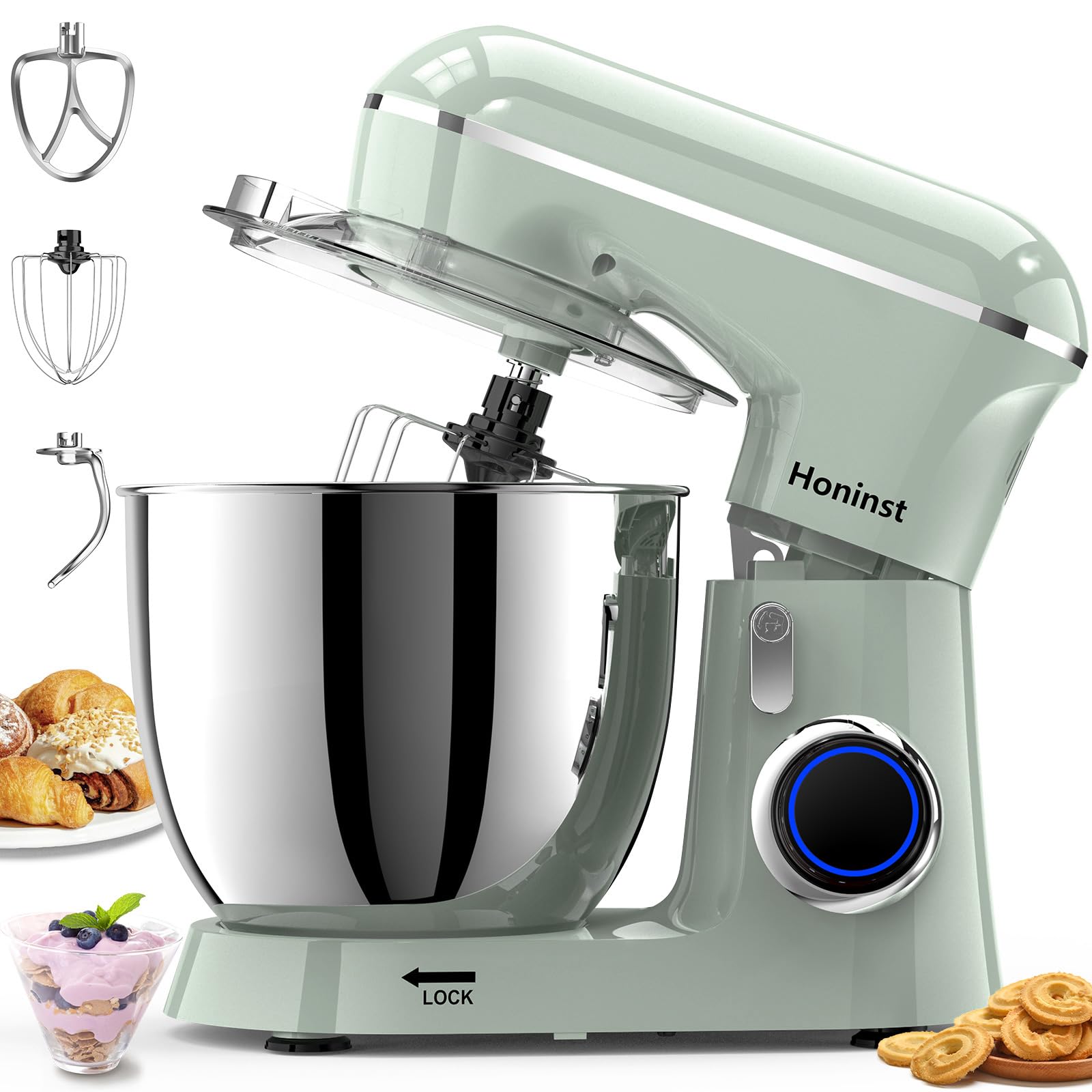 Honinst stand mixer with tilt head in green for easy ingredient access.
