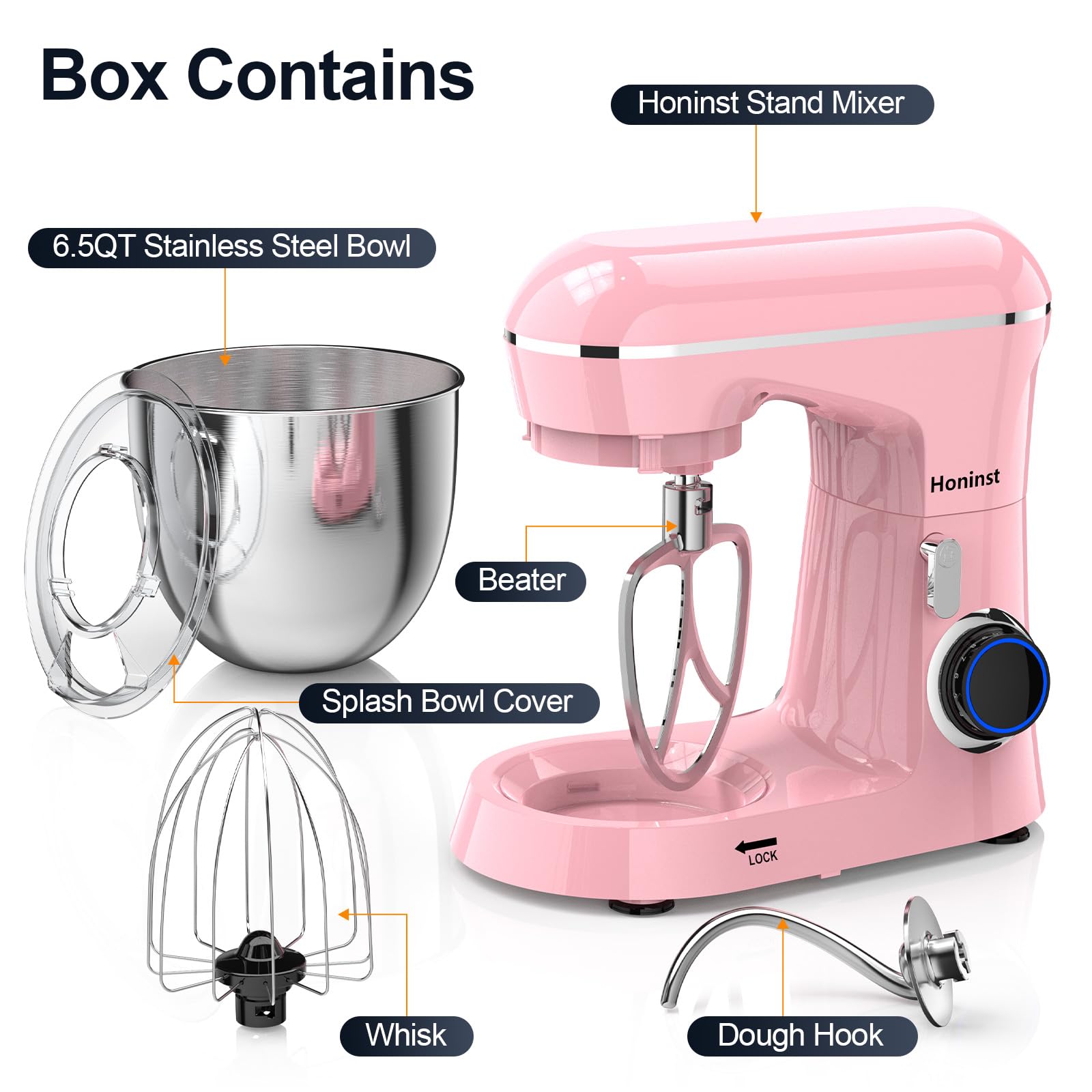 Honinst mixer tilt-head in action for easy ingredient addition.
