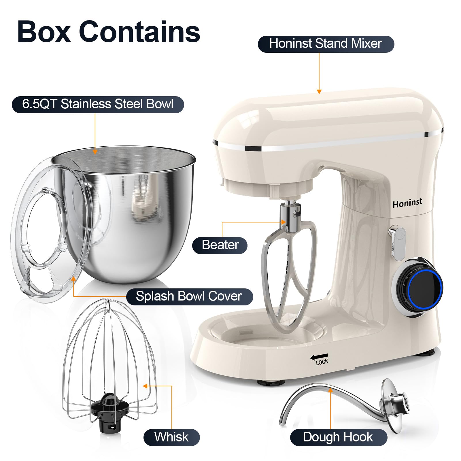 Honinst tilt-head design enables easy ingredient addition during mixing.