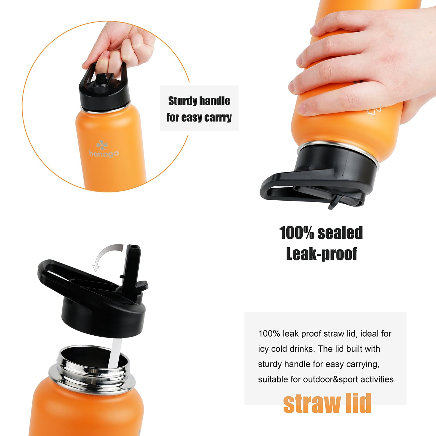 Honogo 304 stainless steel body for durable, safe hydration.