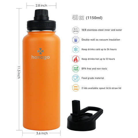 Honogo 40oz bottle hot and cold performance keeps beverages at desired temperature.