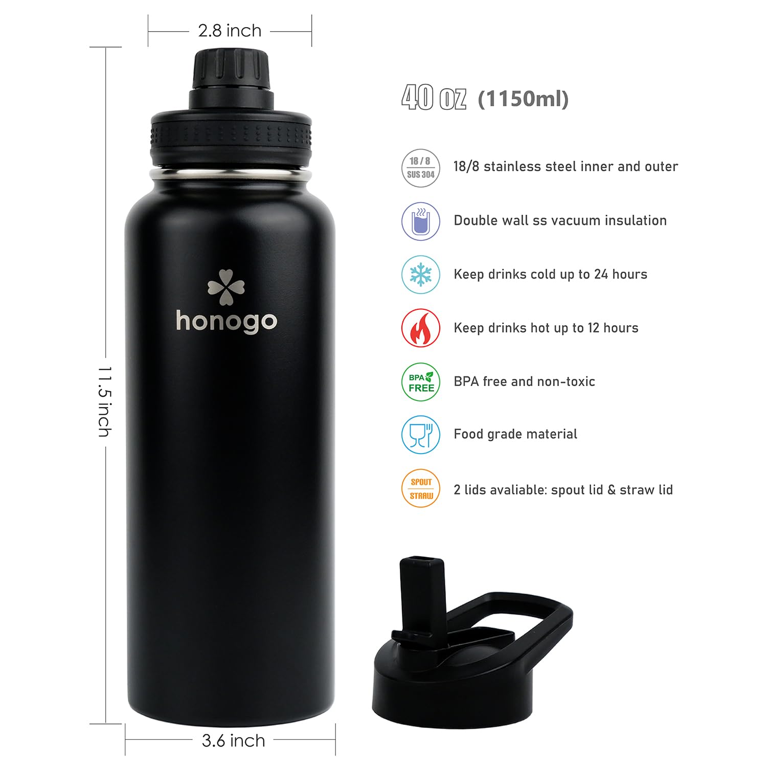 Honogo 40oz bottle straw lid for refreshing cold drinks on the go.