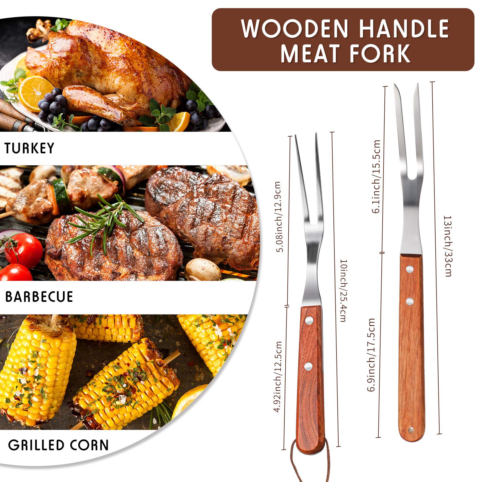 Honoson 10-inch meat fork with rosewood handle offers comfortable grip during slicing.