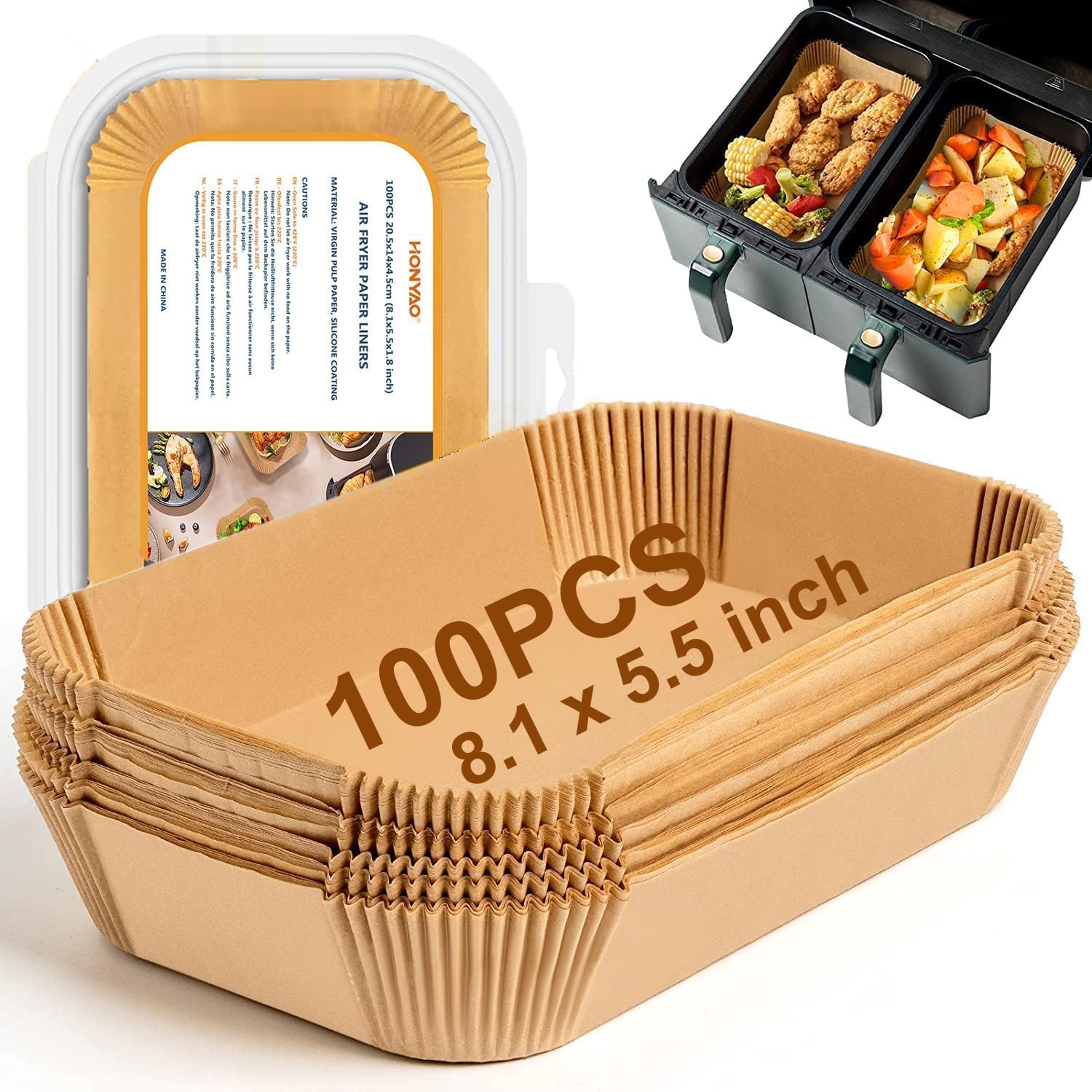 HONYAO dual-zone liner for Ninja baskets showing rectangle sheet ready for use and easier cleanup