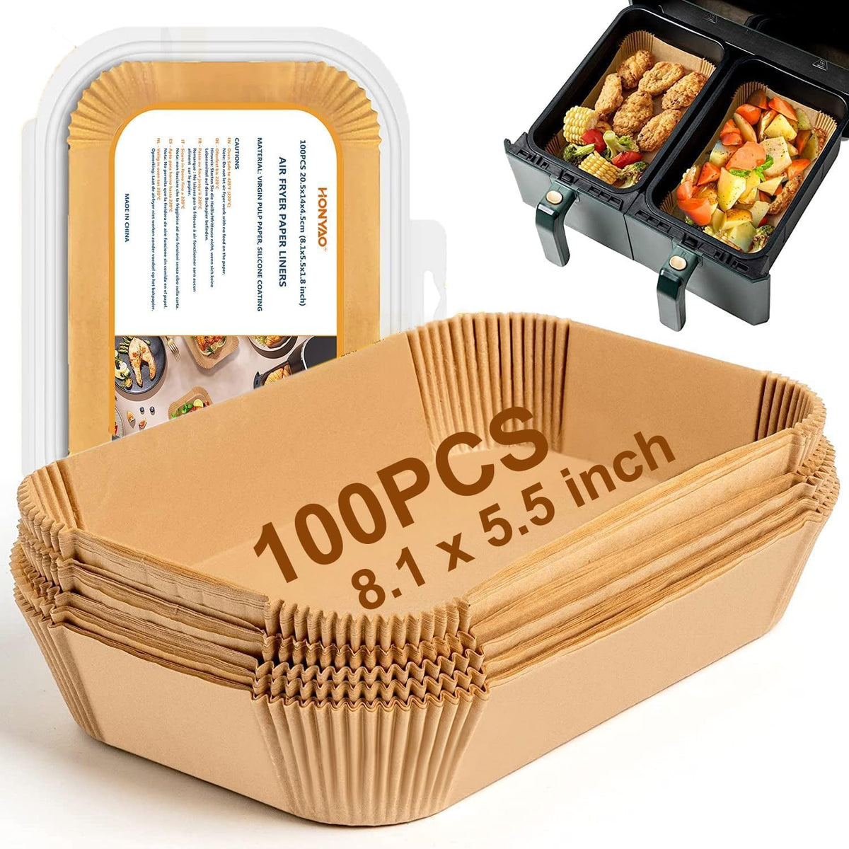 HONYAO dual-zone liner for Ninja baskets showing rectangle sheet ready for use and easier cleanup