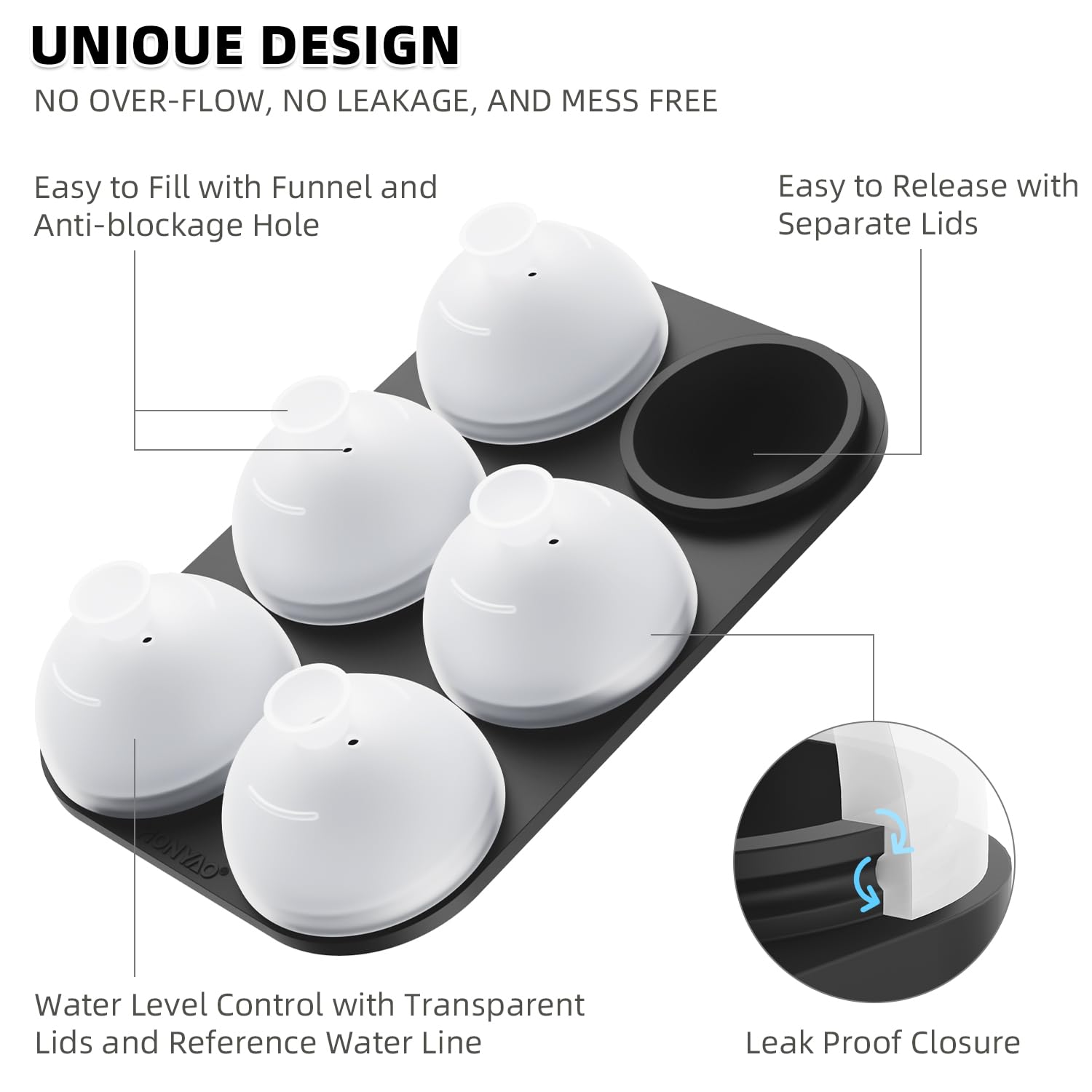 HONYAO ice ball mold showing individual lids for secure seal