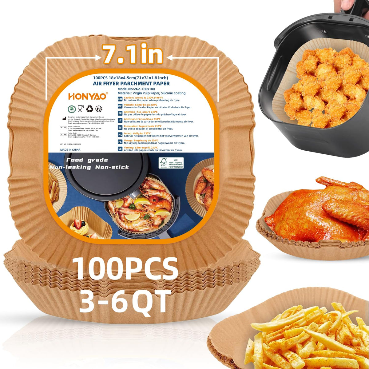 HONYAO square 7.1x7.1 inch air fryer liner preserves basket and prevents sticking