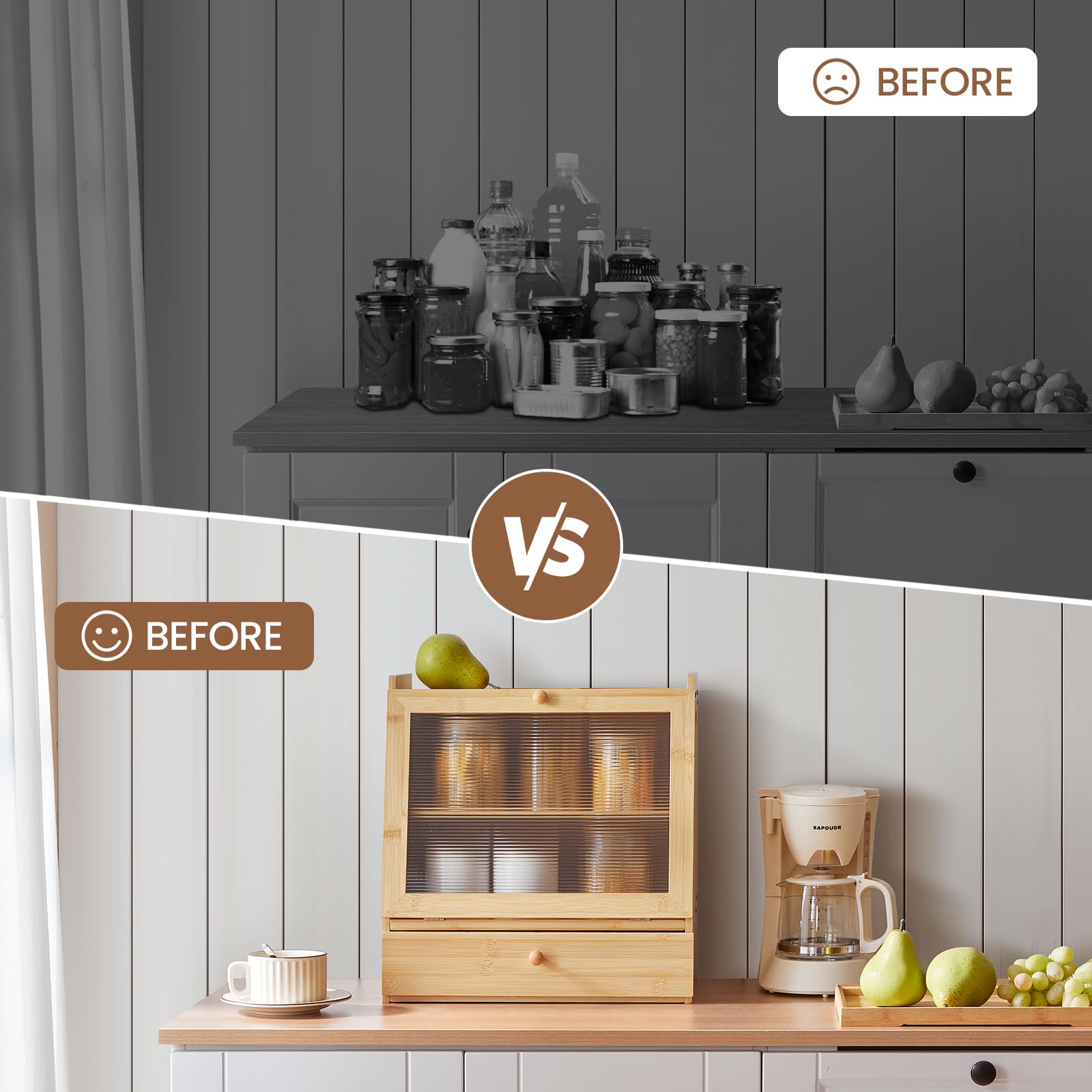 HOOBRO bamboo bread box back vented holes promote air circulation