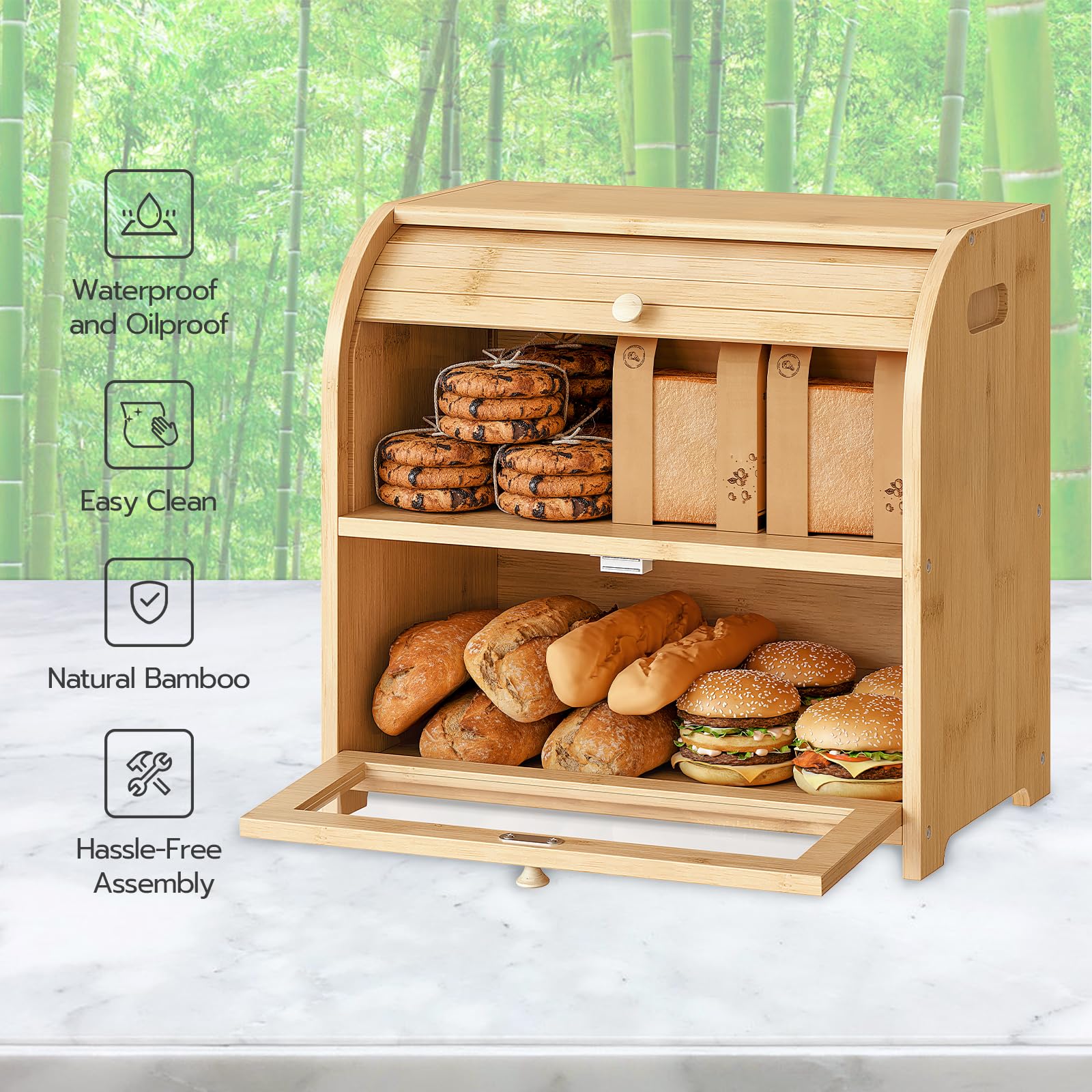 HOOBRO bamboo bread box interior view reveals two-tier organization