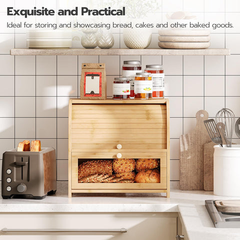 HOOBRO bamboo bread box roll-top acrylic door open for easy access