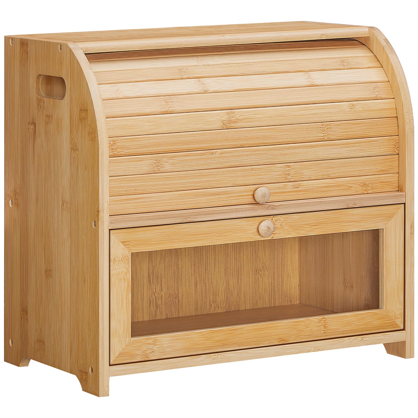 HOOBRO bamboo bread box two-tier front view shows natural grain and ample storage
