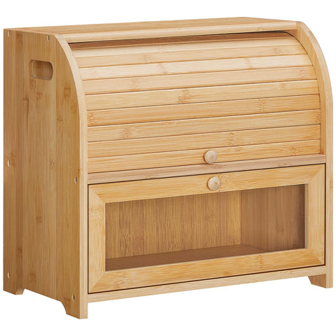 HOOBRO bamboo bread box two-tier front view shows natural grain and ample storage