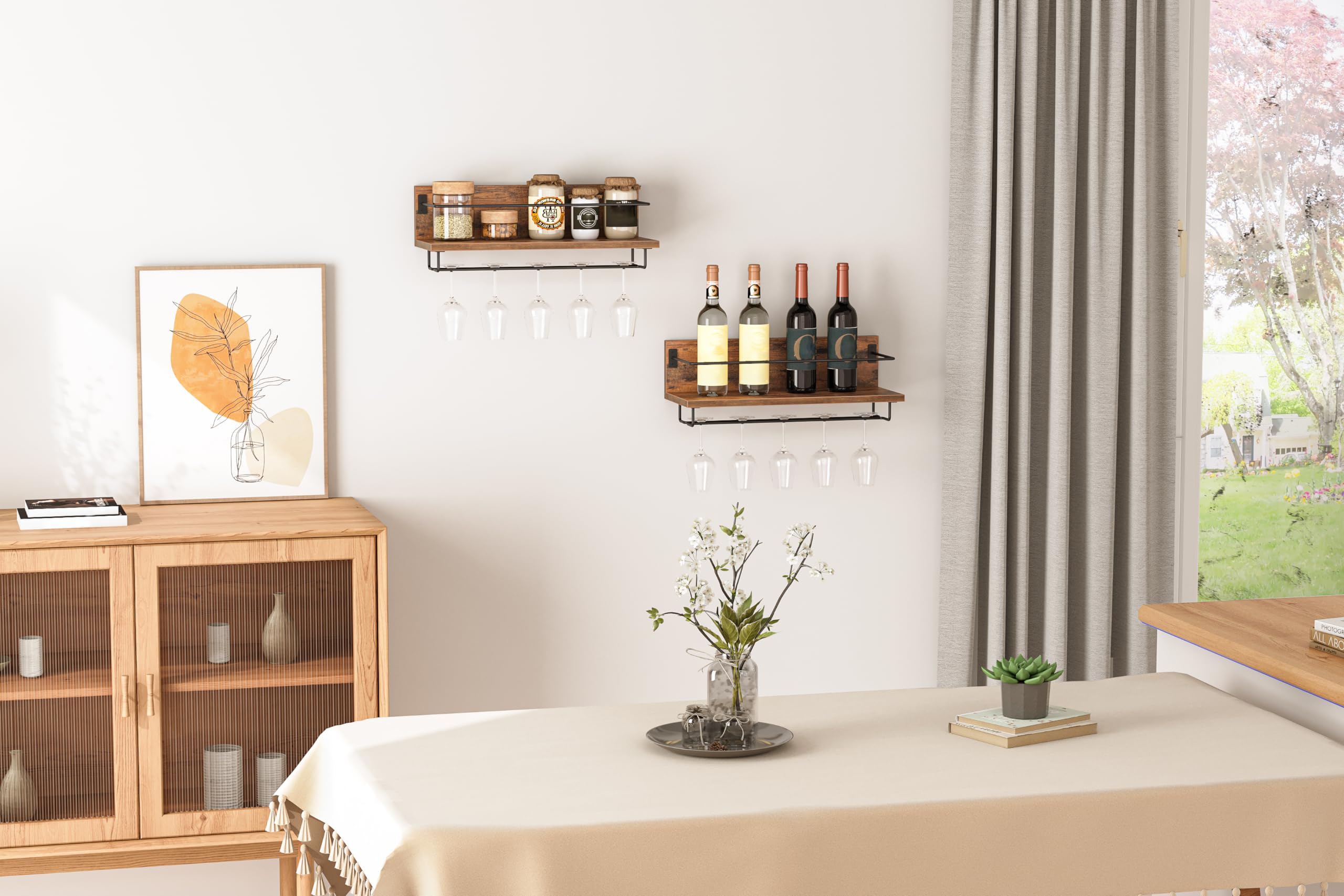 HOOBRO floating wine shelves with stemware area for compact kitchen organization.