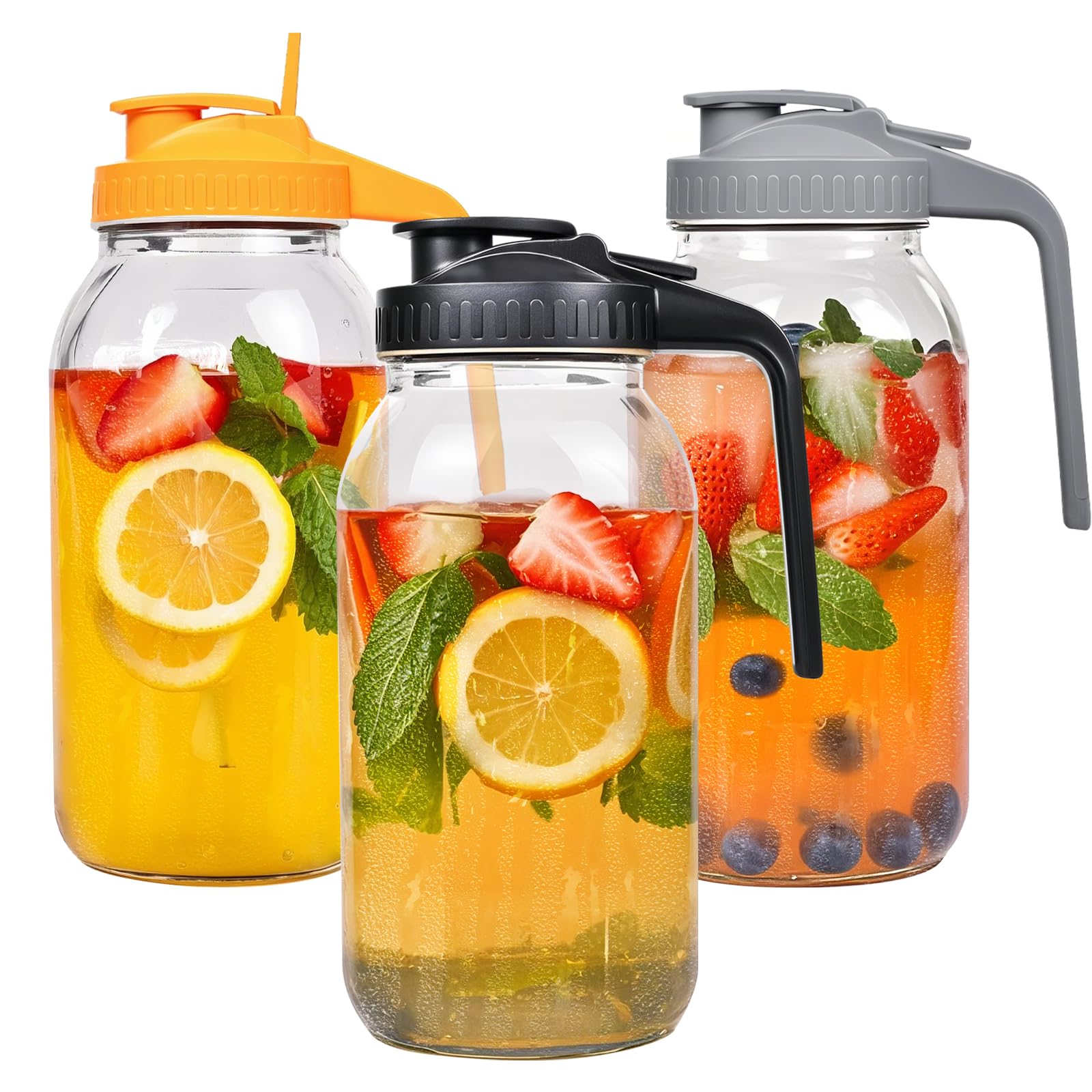 Hoofess 3-pack 64oz mason jar pitchers with airtight lids keep drinks fresh.
