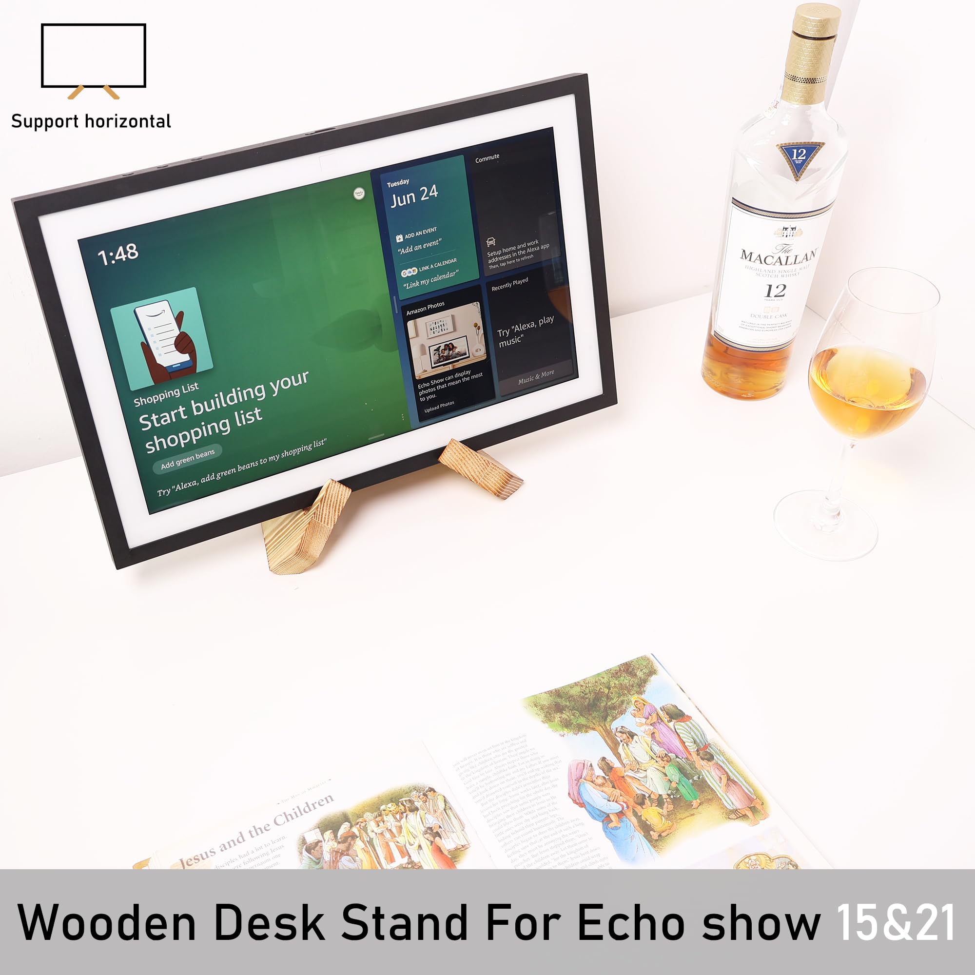 HOOKMEMO solid wood tablet stand for Echo Show 21, versatile vertical viewing.