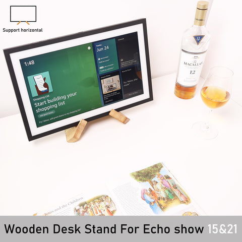 HOOKMEMO solid wood tablet stand for Echo Show 21, versatile vertical viewing.