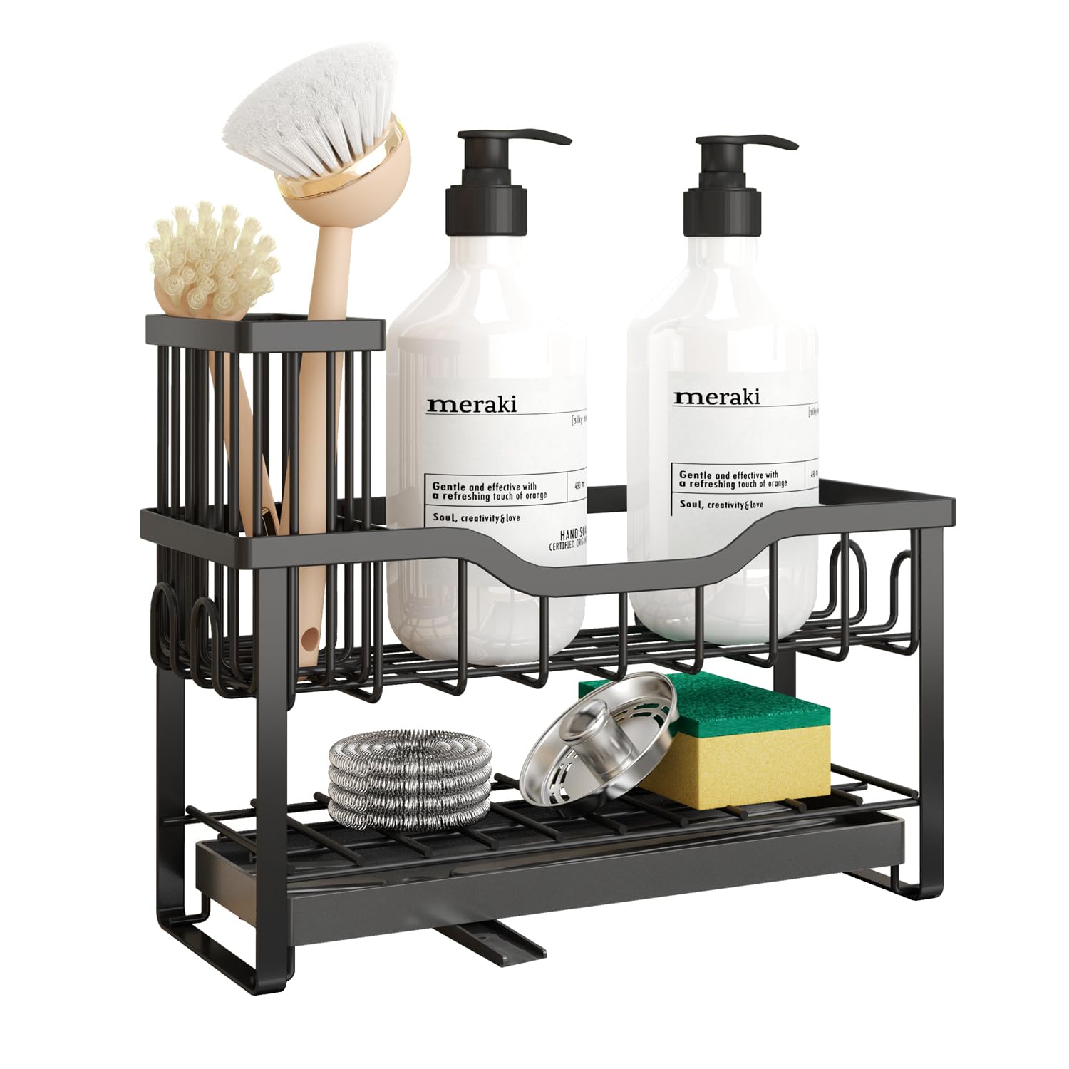 Hoopoton 2-tier sponge holder on a kitchen counter keeping sponges dry and organized.