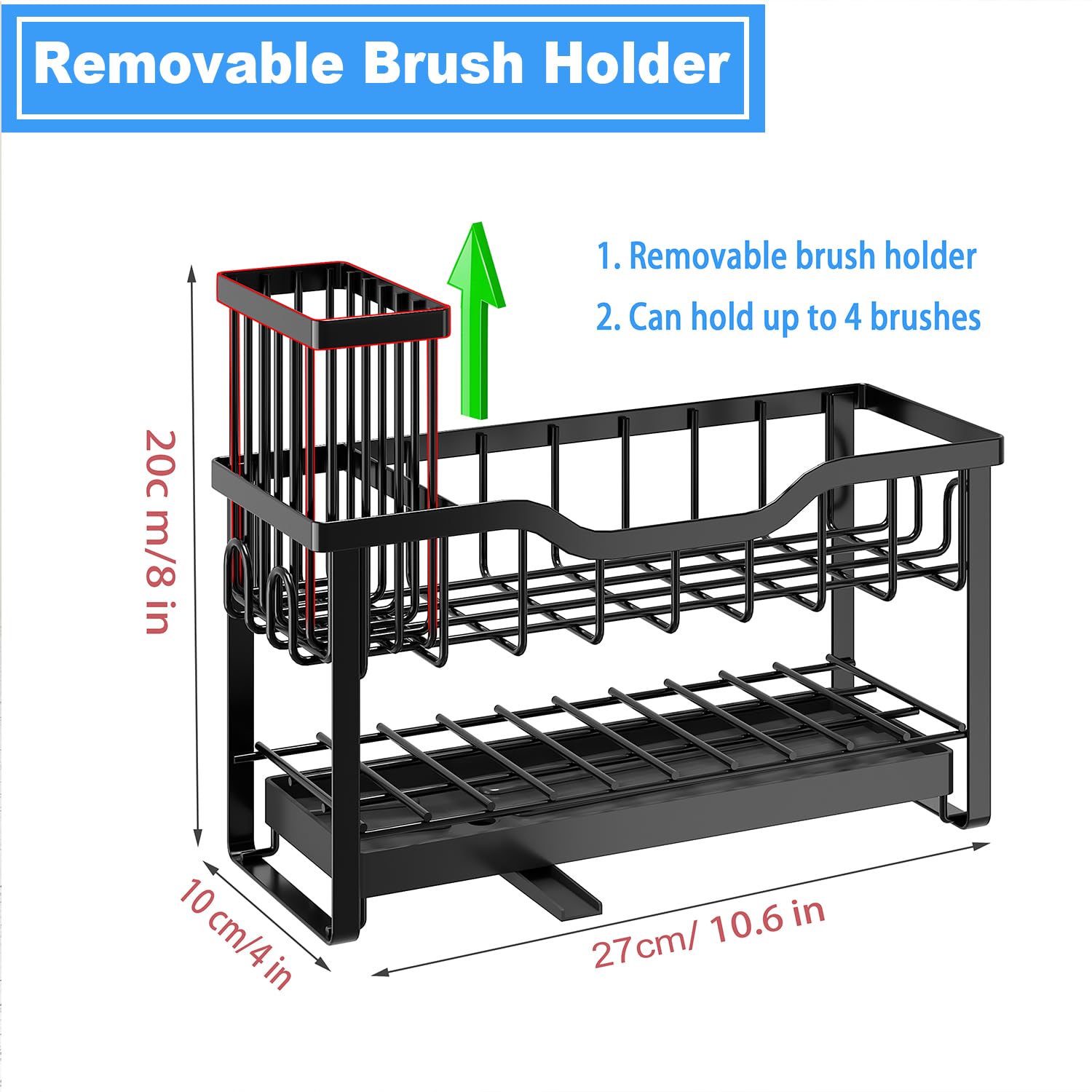 Hoopoton sink organizer with a high brush holder for easy access to brushes.