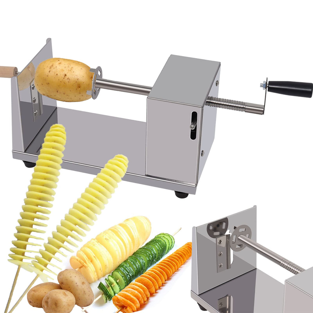 Hoqqf twisted potato slicer in action with hand crank for uniform spirals