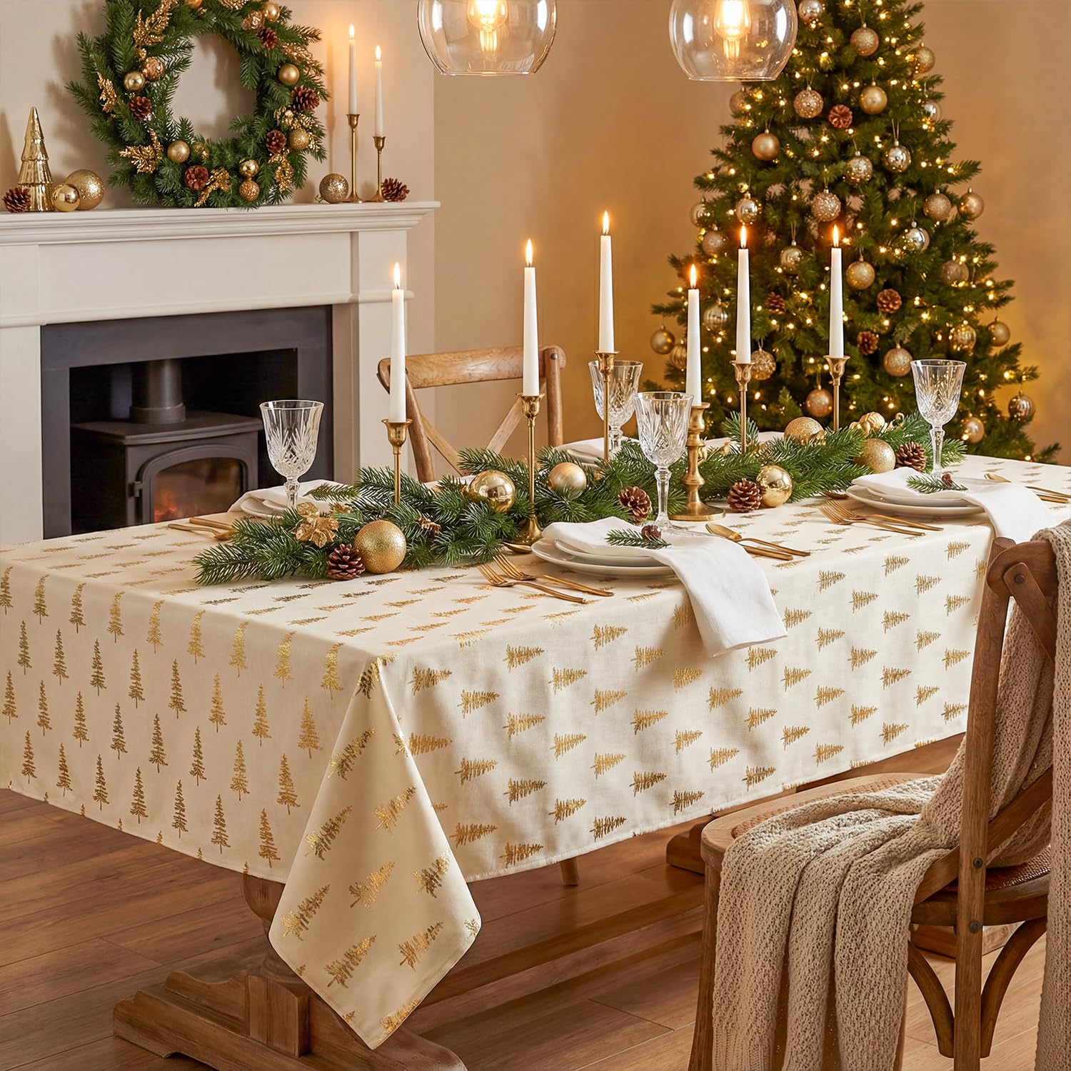 Horaldaily beige tablecloth golden Christmas tree sequin adds holiday sparkle