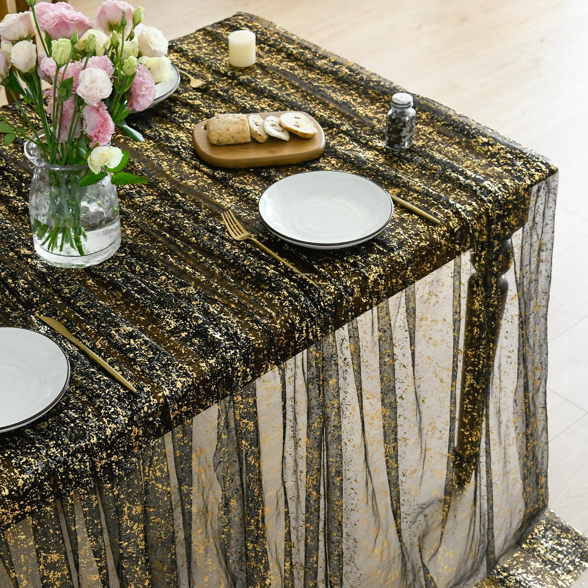 Horaldaily black gold gauze tablecloth 60x84 inch, sheer elegant fabric for rustic wedding tables.